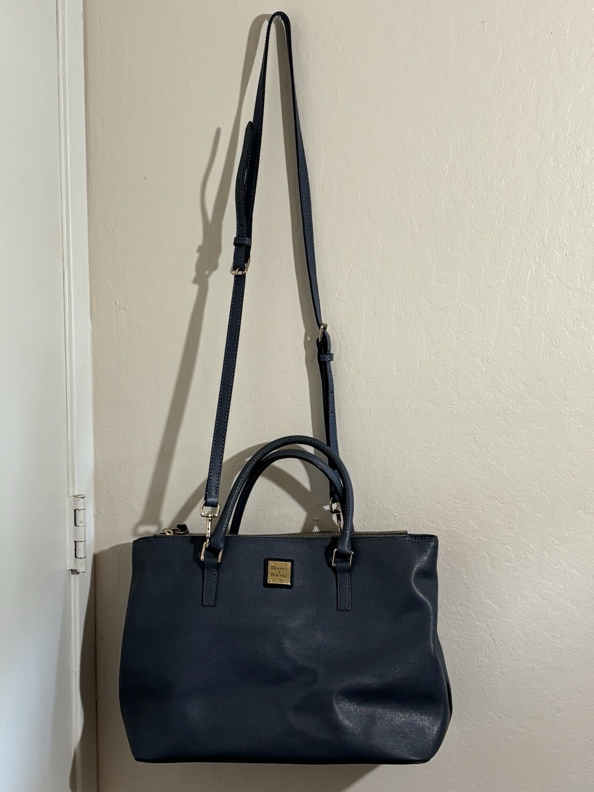Dooney & Bourke Blue/grey satchel. Large enough to fit laptop. Red interior.
