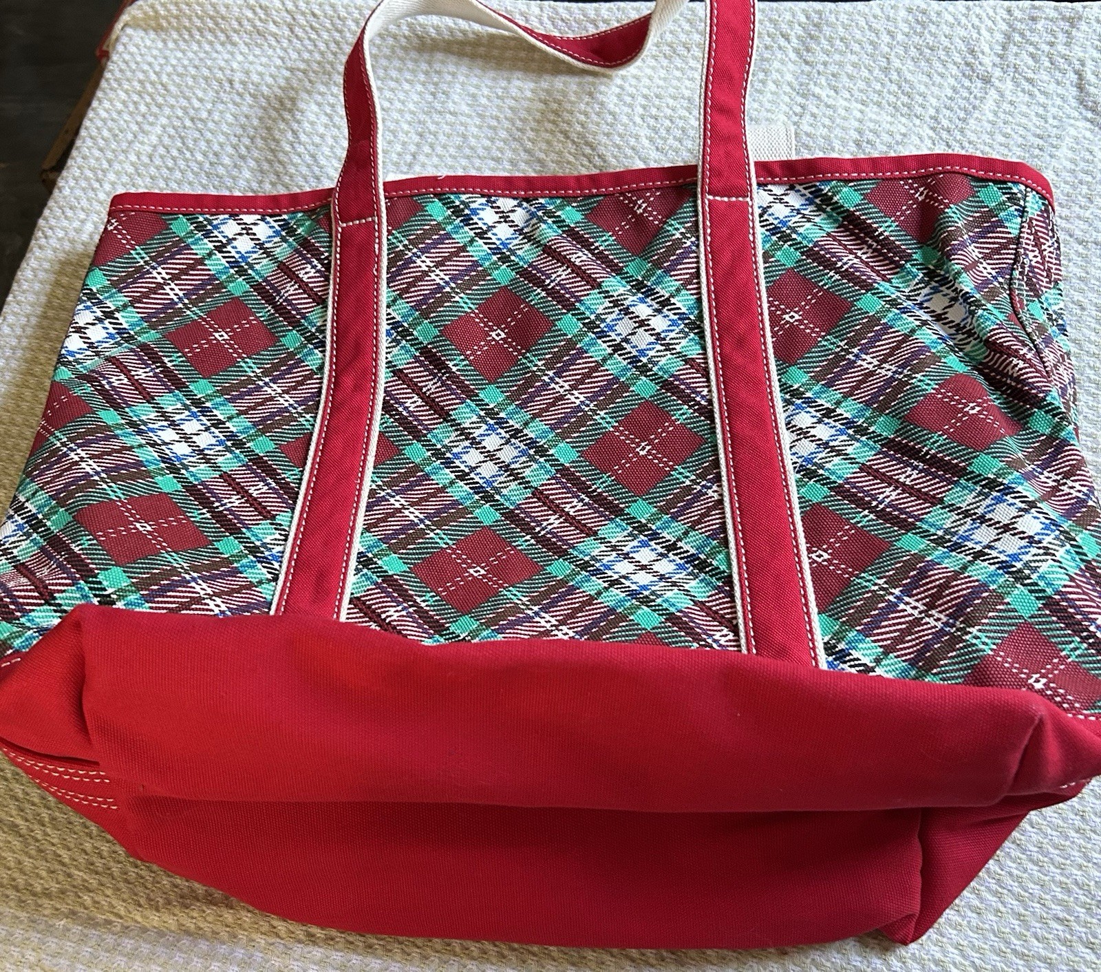 Lands’ End Zip-Top Red/Green Plaid Canvas Tote/Shoulder Bag 100% Cotton