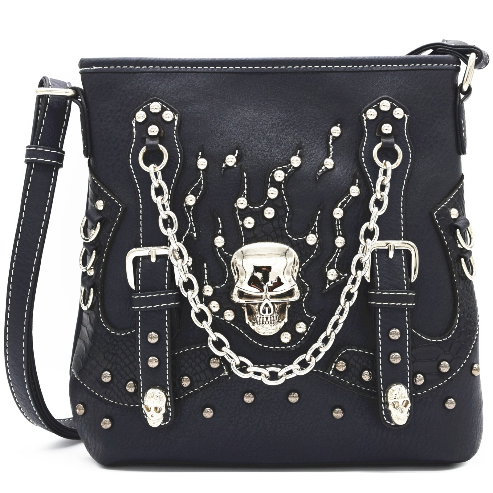 Gothic Flame Skull Handbag Punk Purse Women Shoulder Bag Crossbody Wallet Black