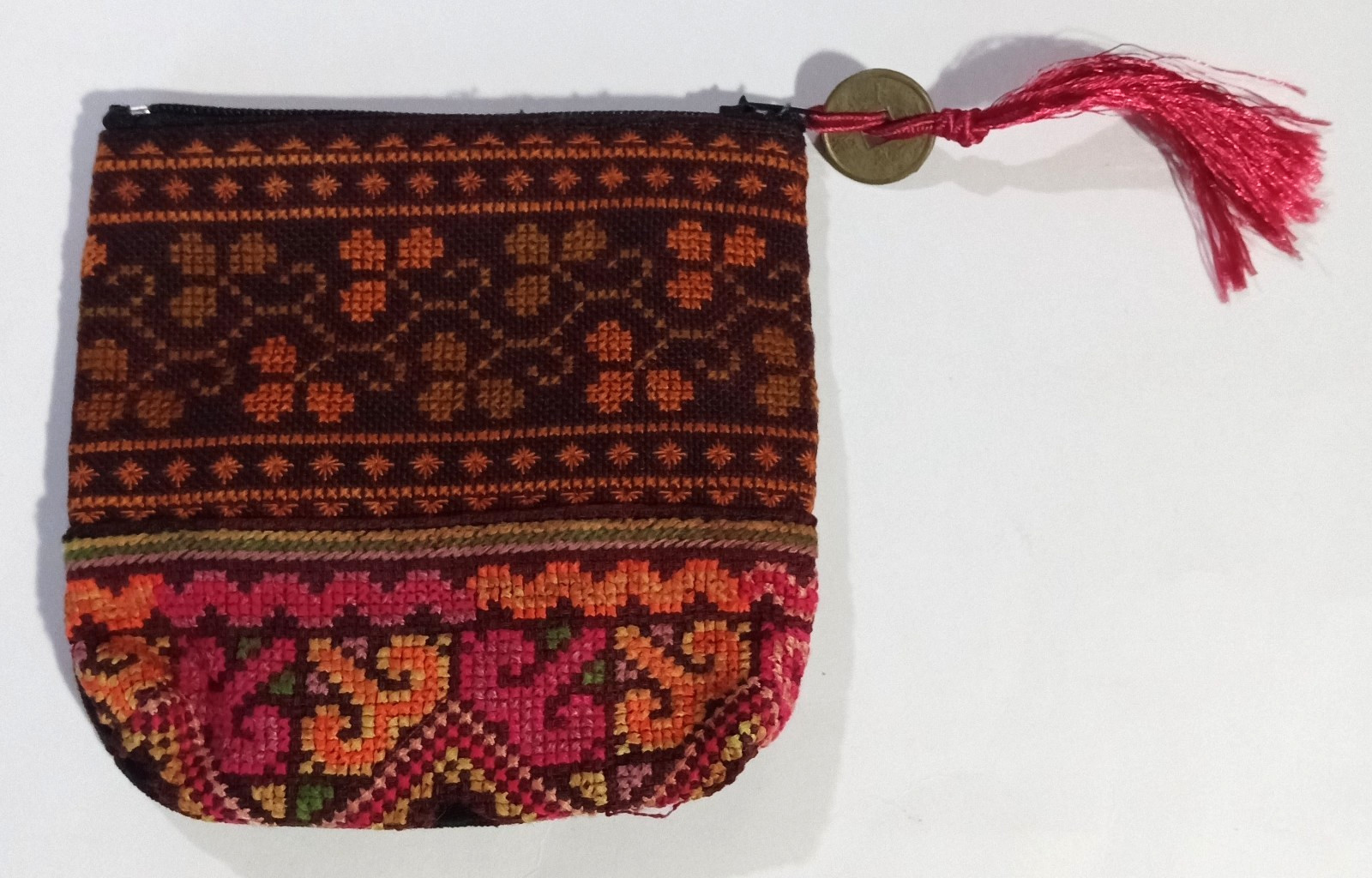 Cross Stitch Pouch Brown Orange Pink Green Asian Coin Tassel Zipper Pull