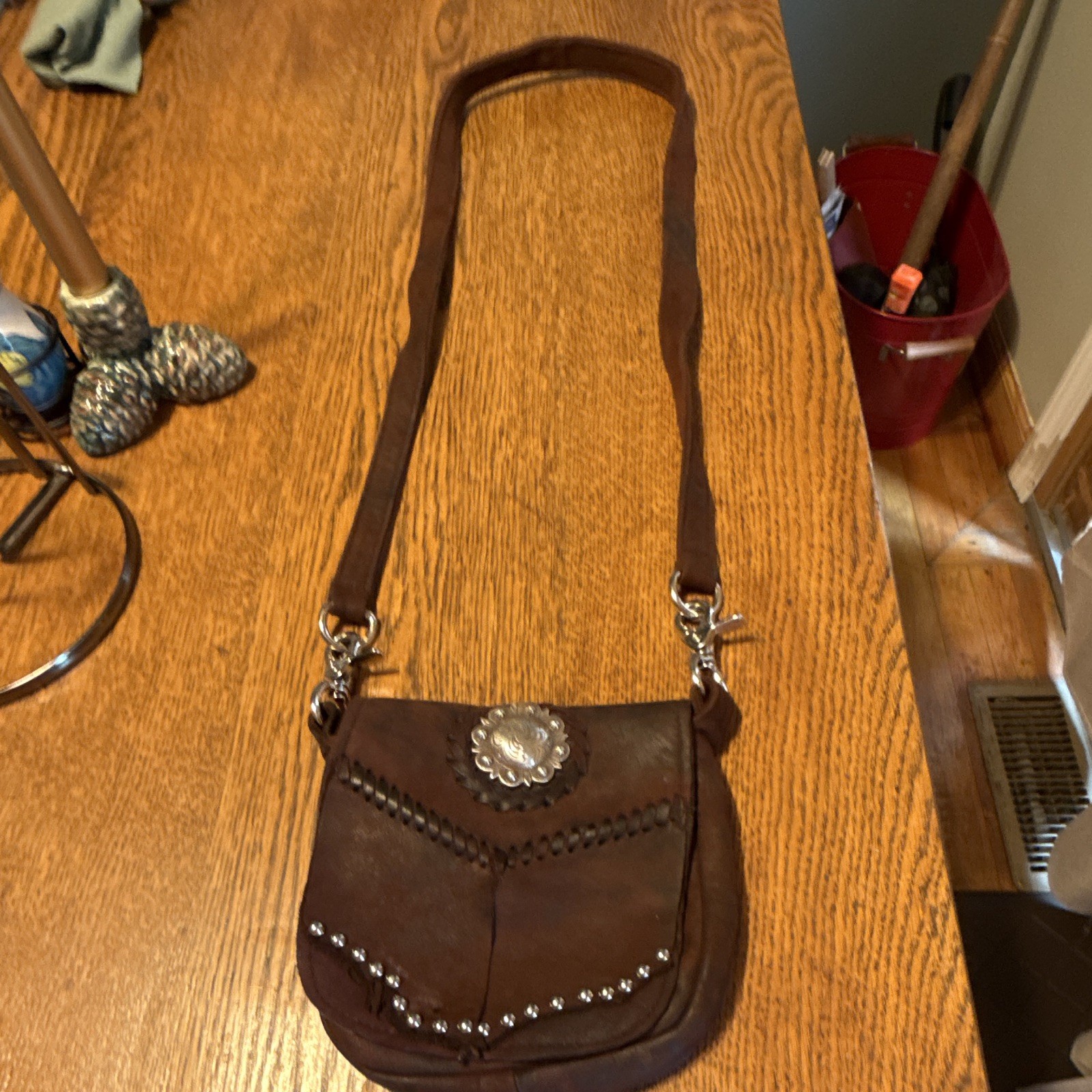 Tribe America Brown Small Crossbody Bag Studded Whipstitch Magnetic Zip Silver