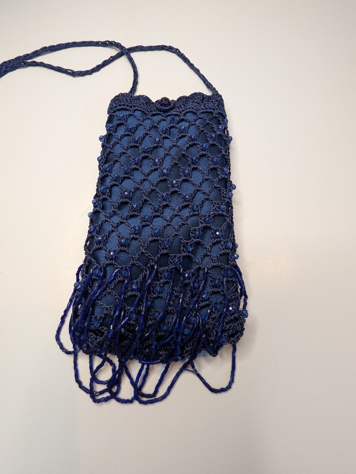 Blue Crochet Beaded Fringe Crossbody Bag Button Closure Lined Solid