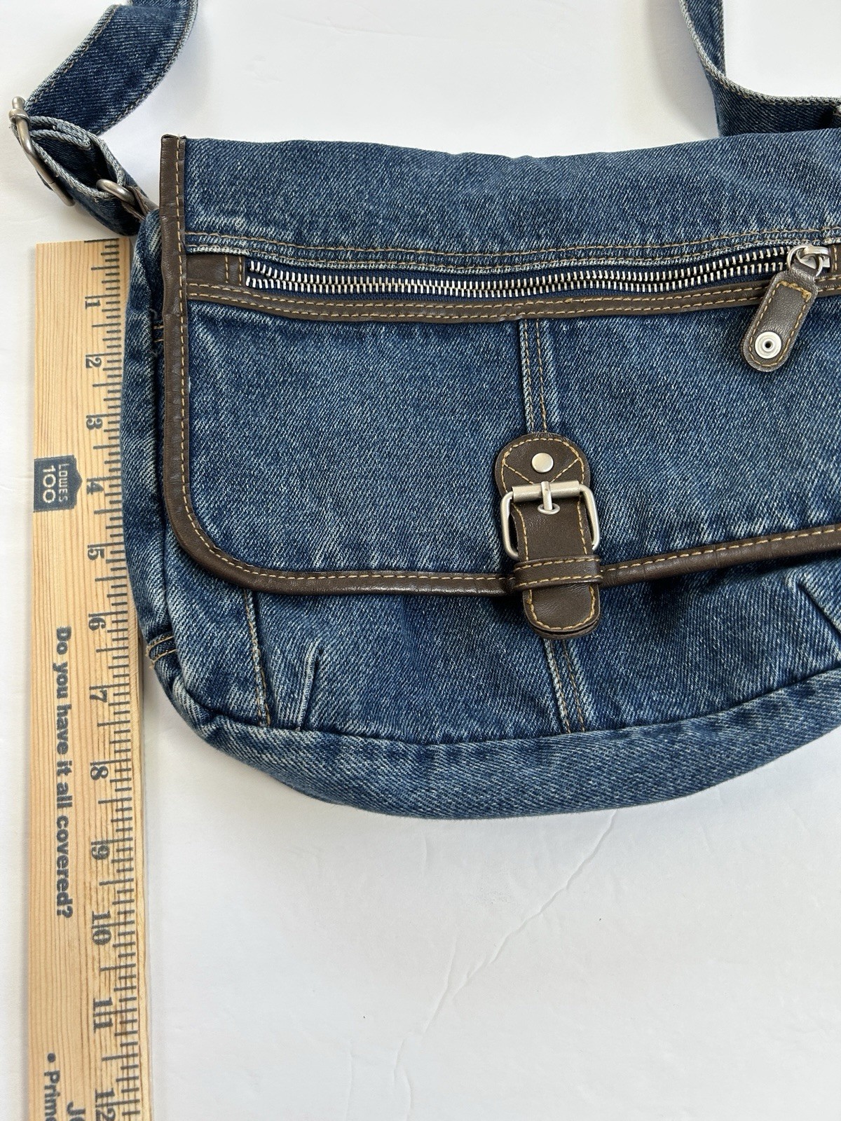Blue Denim Boho Purse Bag W/ Zipper & Faux Leather Trim Accents
