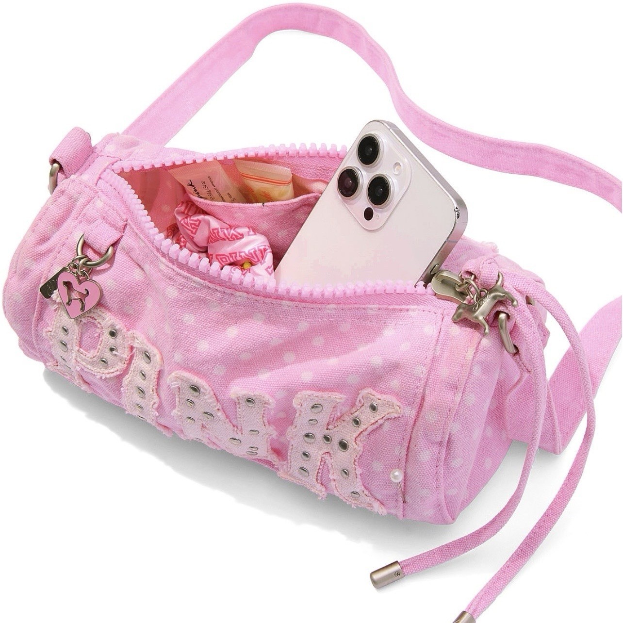VS PINK CANVAS CLASSIC PINK DOT ROLLED DUFFLE SHOULDER STYLE BAG NEW!!
