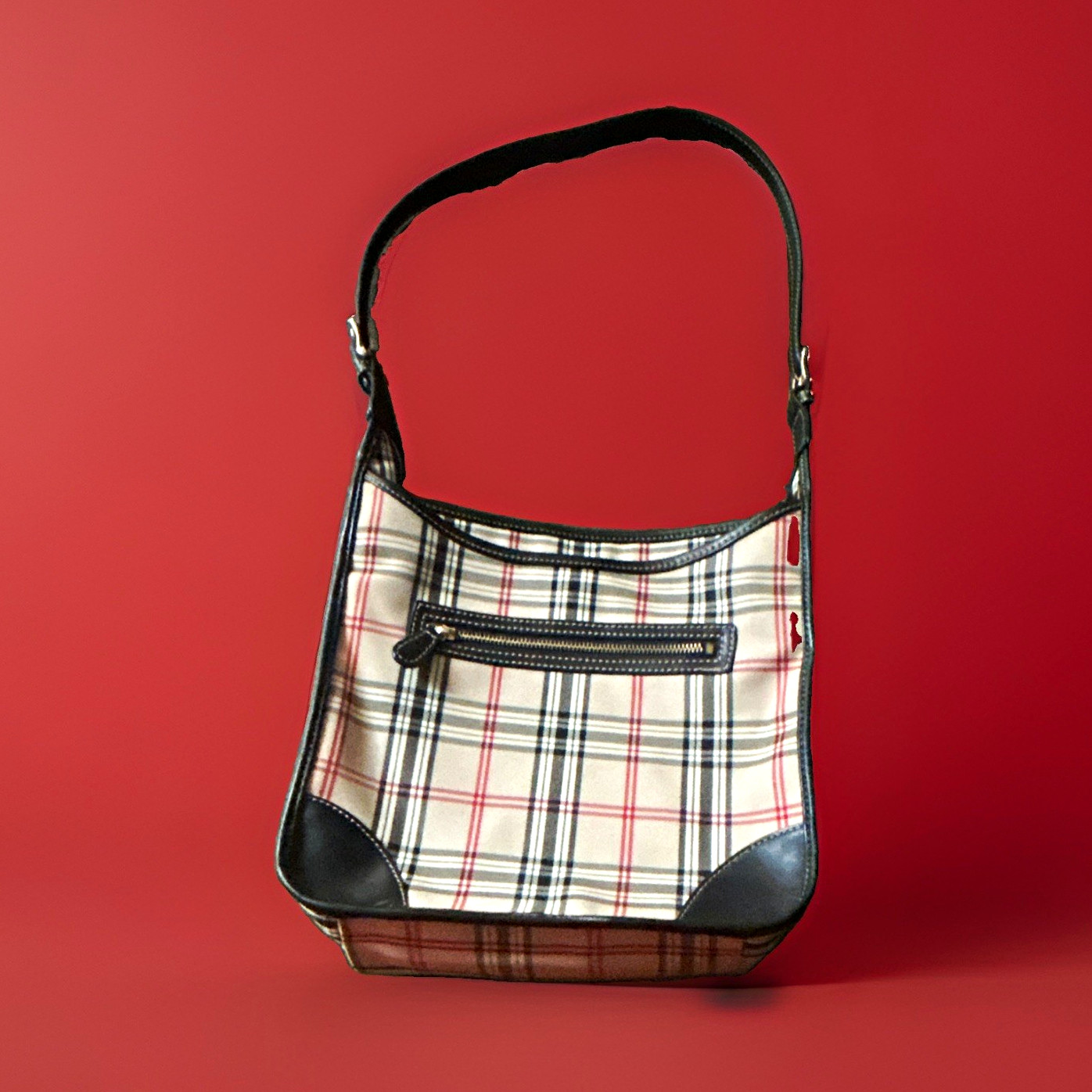 Vintage Liz Claiborne Plaid Shoulder Bag/ Beige/Black/Red Zip, Buckle, Gold HW