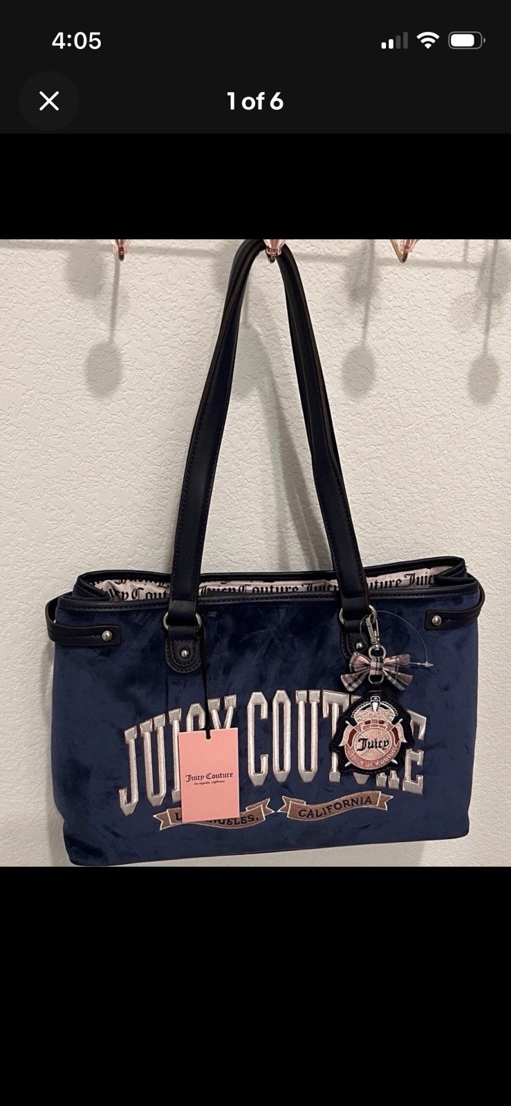 Juicy Couture Blue Large Logo Tote Shoulder Bag Zip Top Bow Charm Lined Pockets
