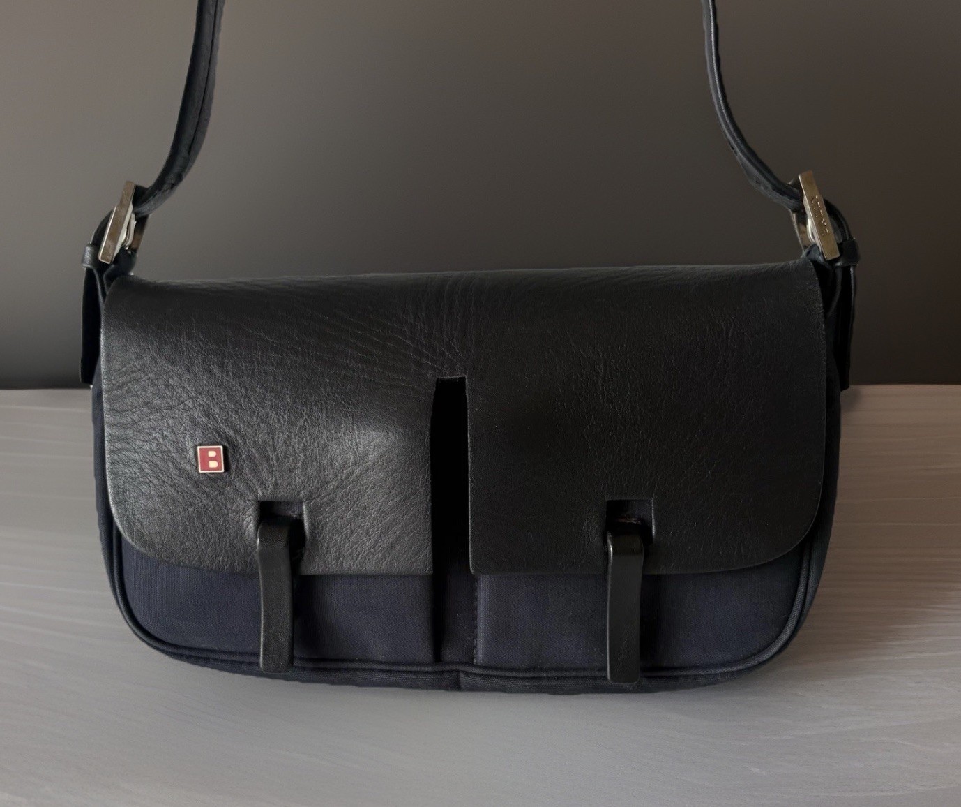 Authentic Bally Handbag Black Navy Leather canvas From Japan 01086