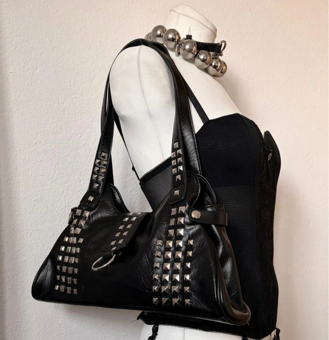 Y2K Black Studded Shoulder Bag Grunge Punk Cyber Gothic Hobo Handbag Moto Chic