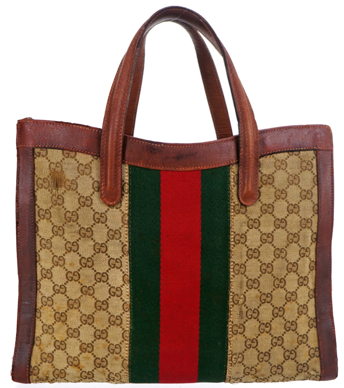 Vintage GUCCI Web GG Monogram Canvas Leather Square Shopper Tote Bag Italy