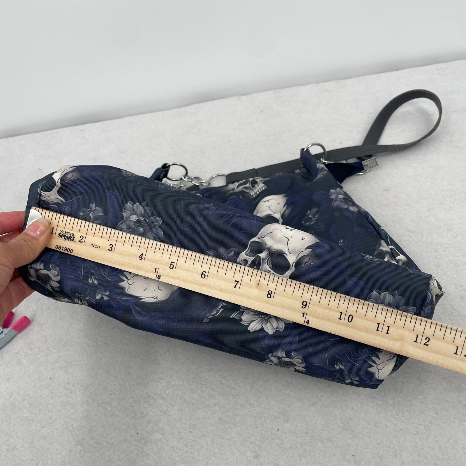 Meiduola YYDS Skull Floral Gothic Nylon Tote Bag Navy Blue Silver Chain Straps