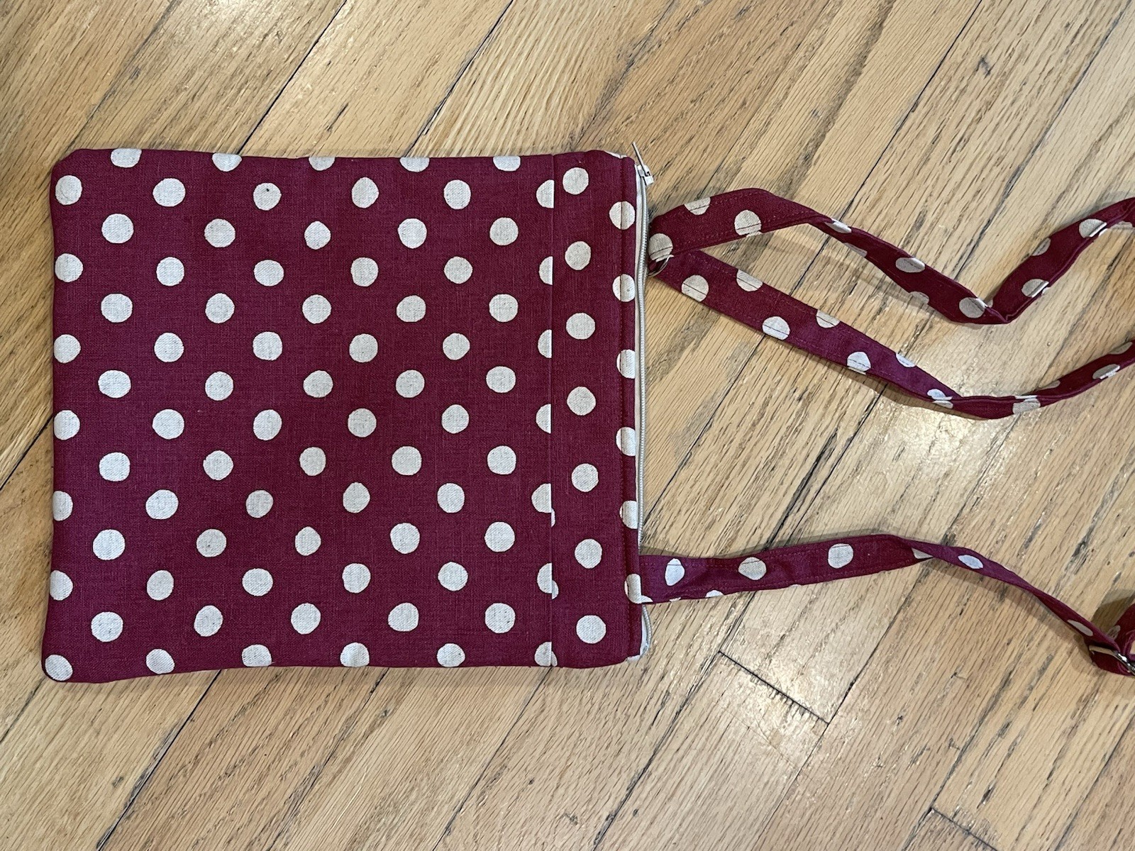 Burgundy Polka Dot Shoulder Bag with Floral Button and Zipper Accent, Small