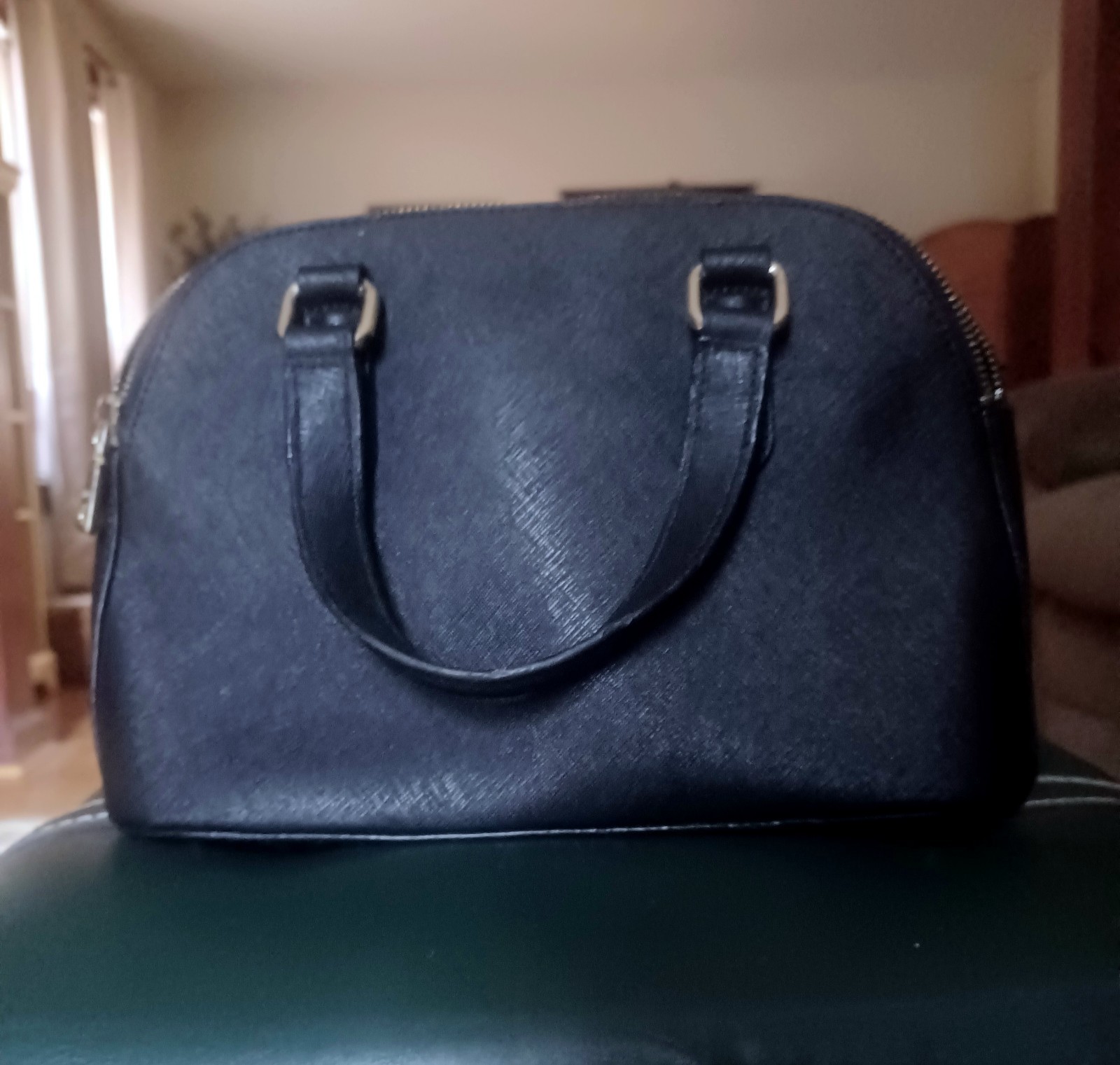 DKNY Black Dome Satchel Top Handle Bag, Zip Closure, Logo Accents, Silver HW