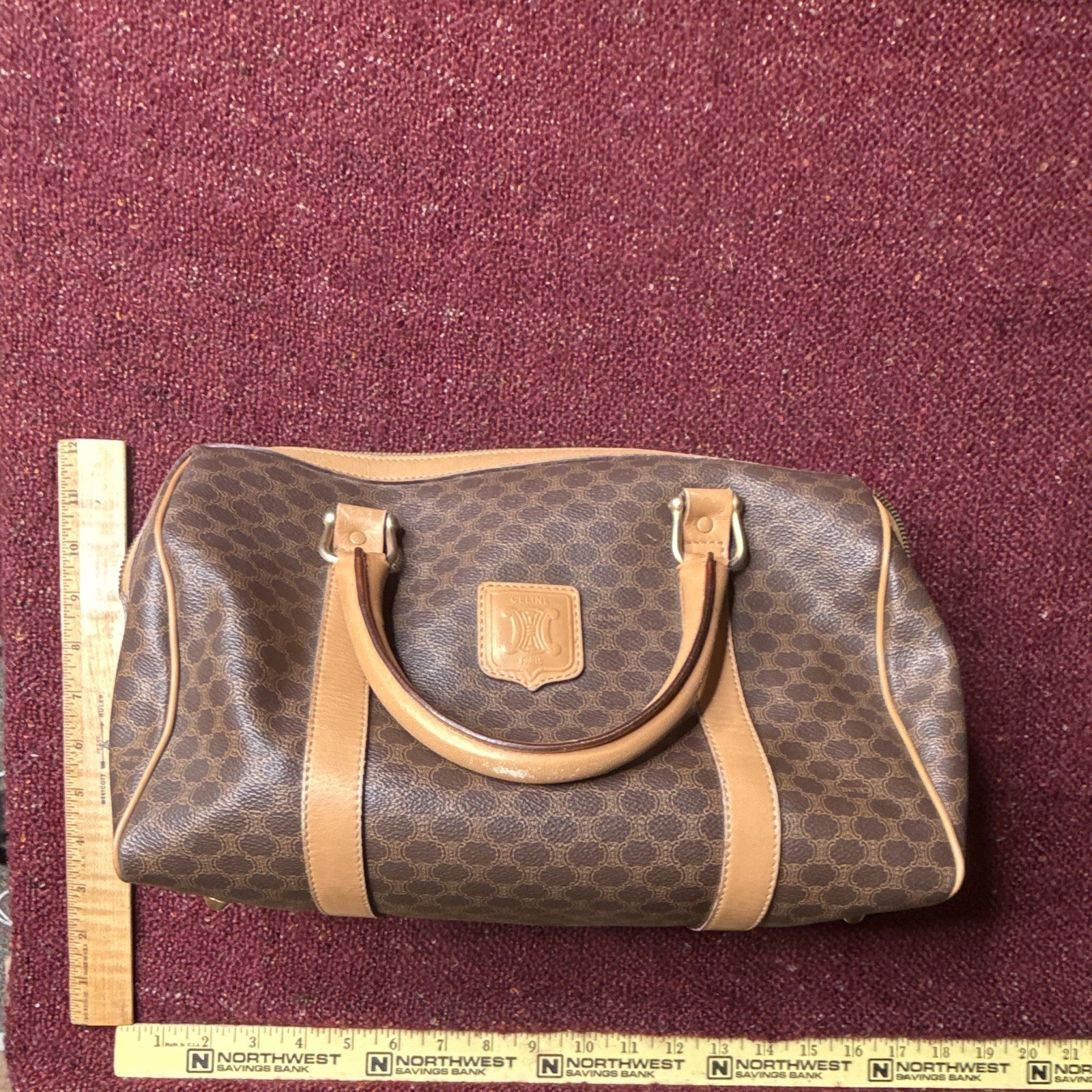 CELINE Paris Brown/Tan Monogram Satchel Top Handle Zip w/ Inner Pockets