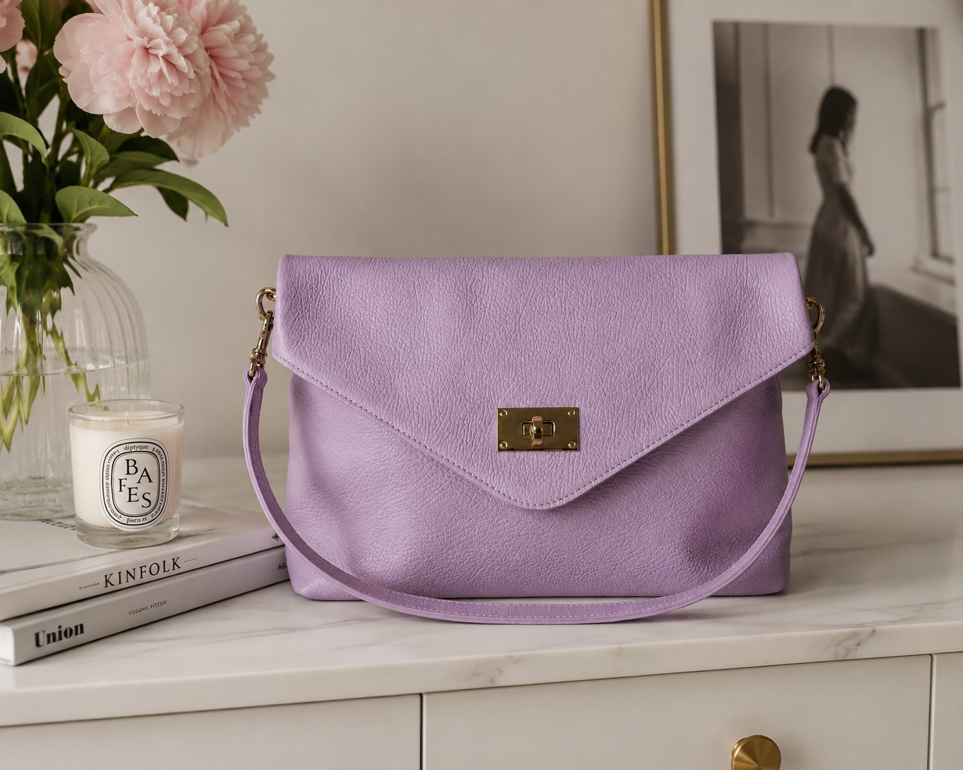 Lilac Italian Leather Shoulder Bag, Envelope Crossbody Purse, Pebbled Leather