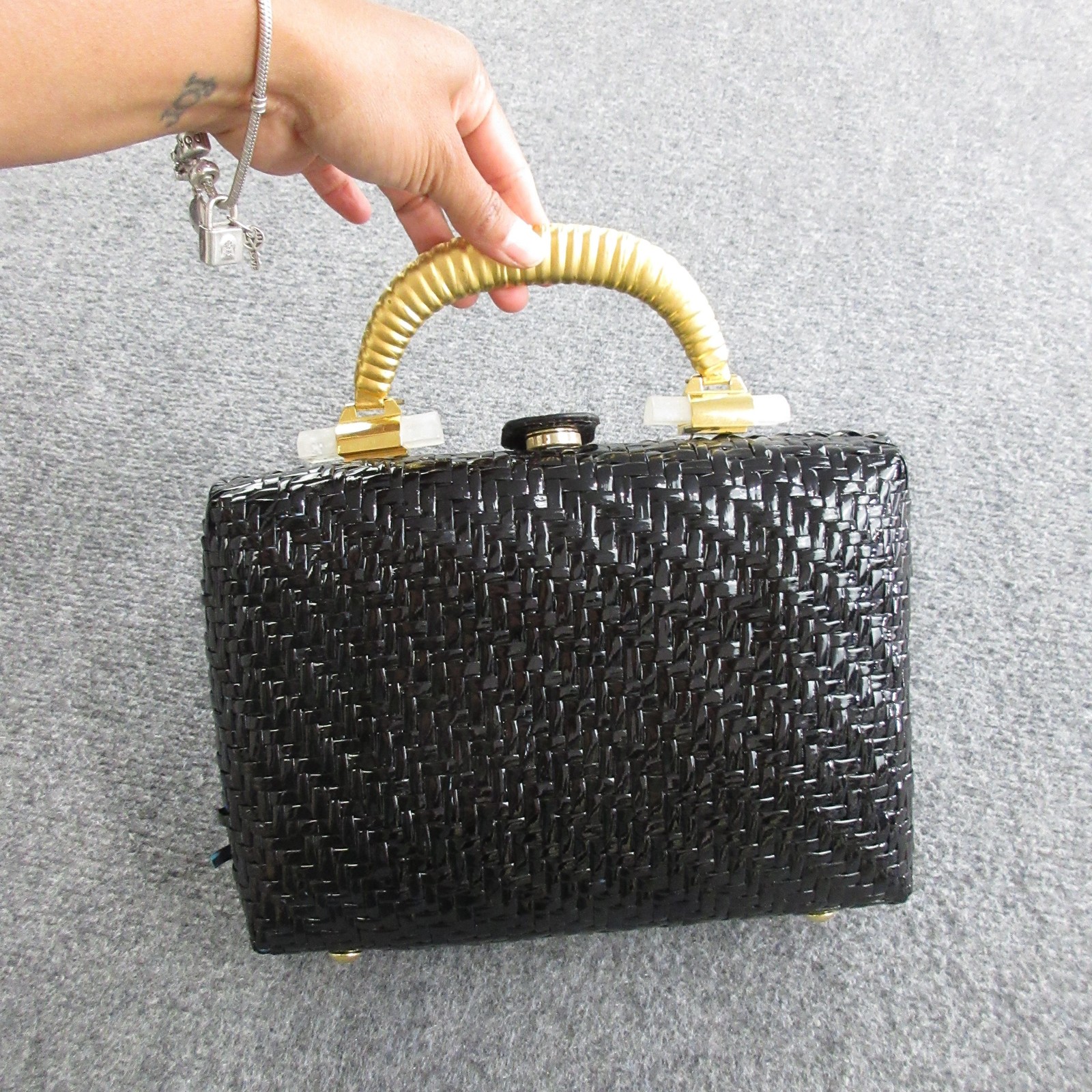 Vtg RODO Top Handle Bag Womens Small Black Plastic Basket Weave Purse Italy