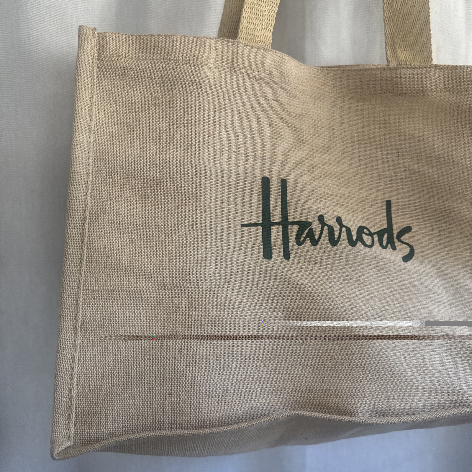 Harrods of London Jute Tote Bag. New with tags, beige with green logo