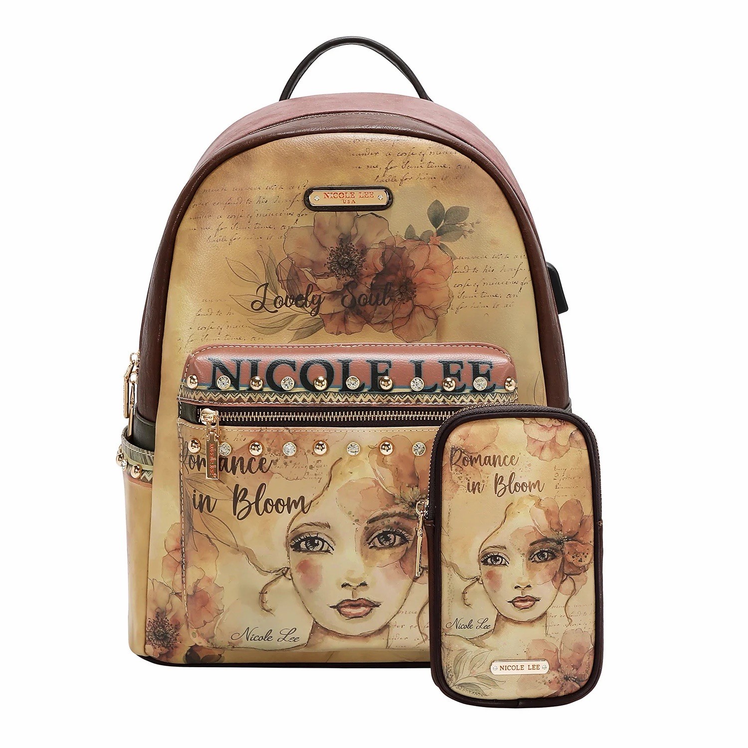 Nicole Lee LARGE USB FASHION BACKPACK WITH CHARGING PORT AND POUCH