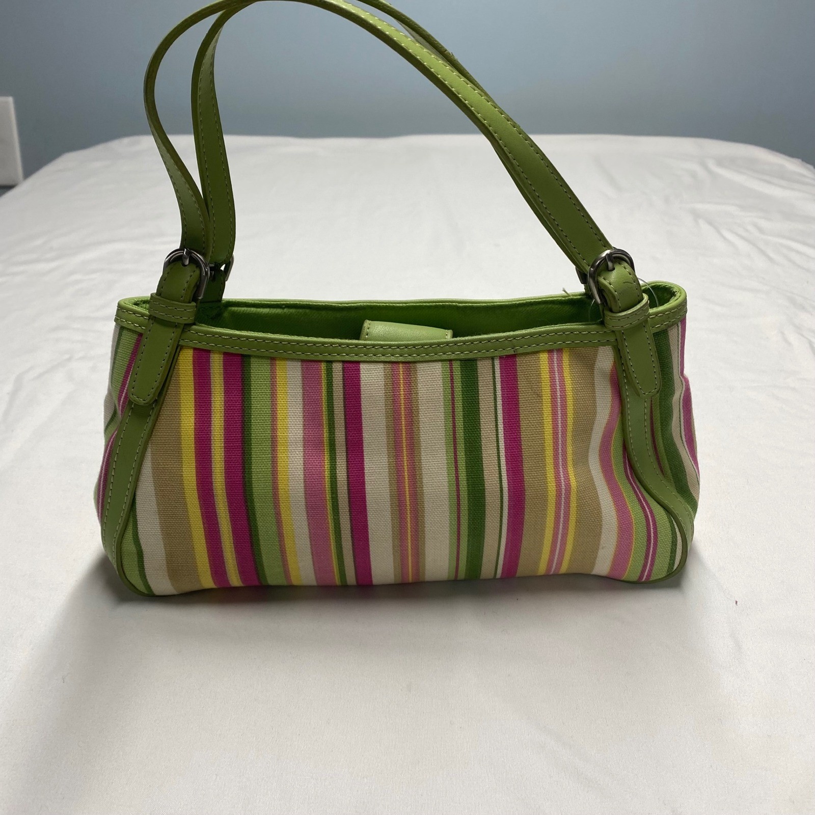 Fossil Striped Canvas Shoulder Bag Lime Green Pink Yellow Leather Trim Y2K Style