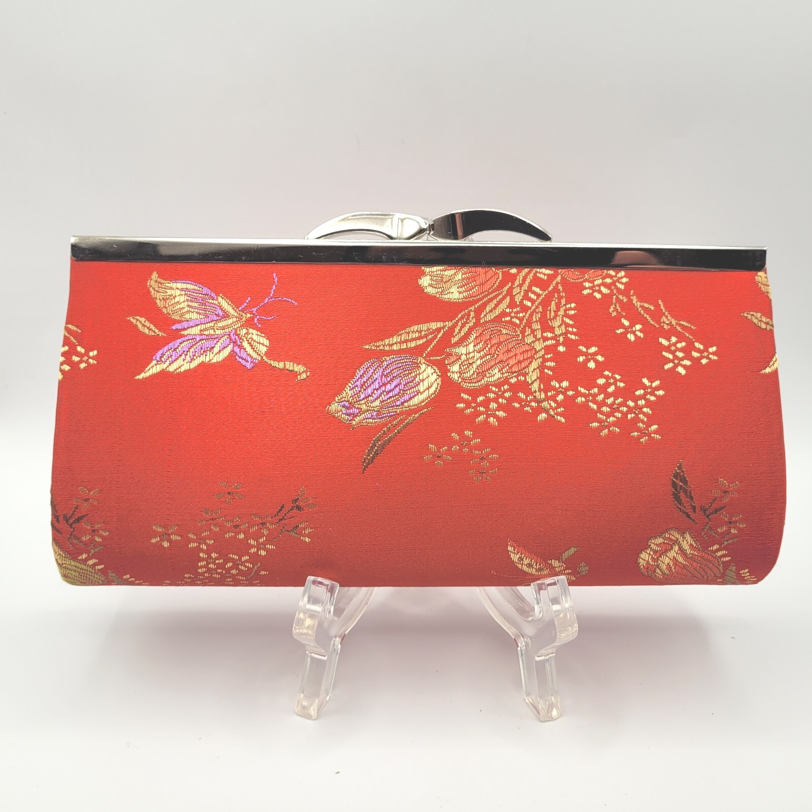 Red Silk Asian Design Snap Clutch with Butterfly & Flora Stitching, New