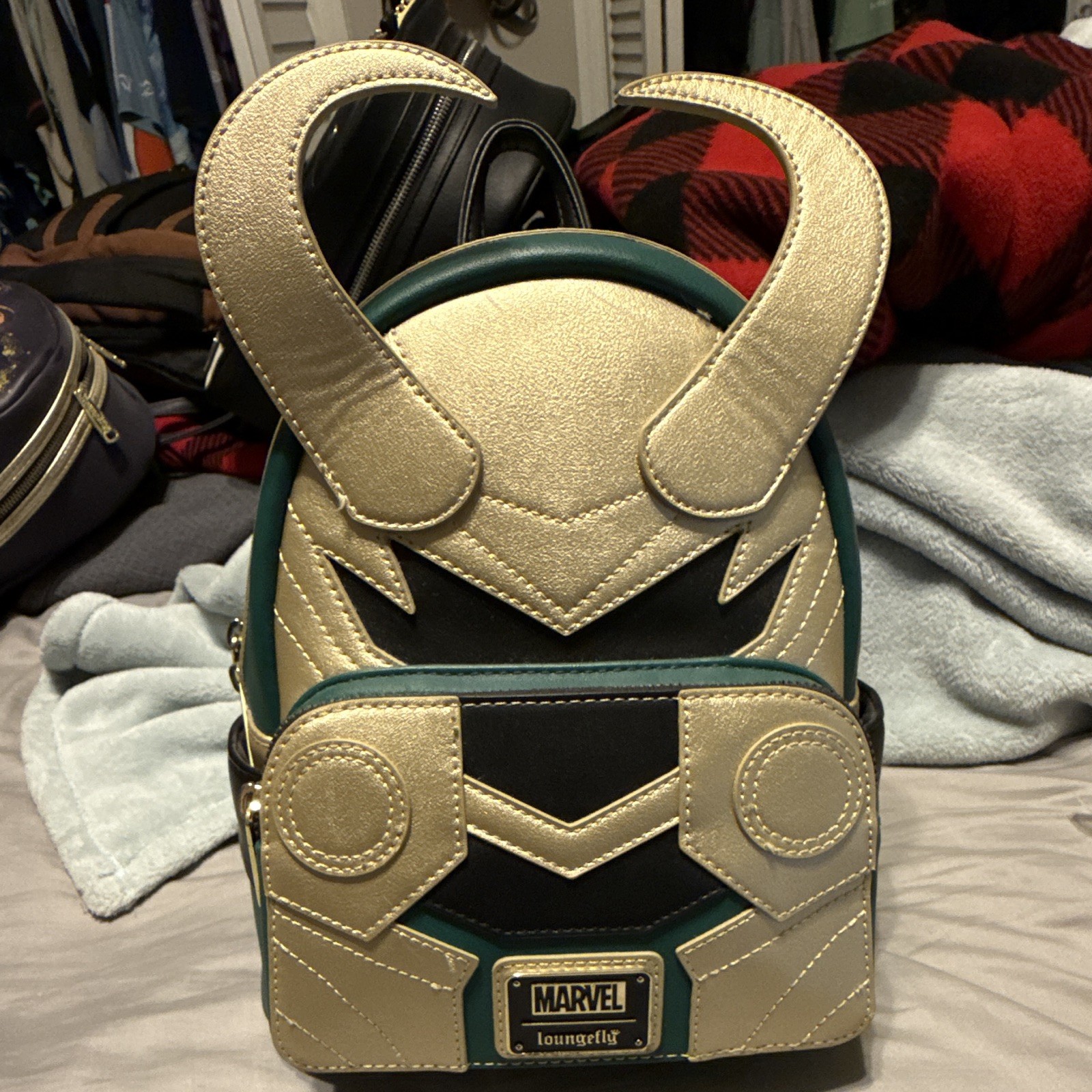 Loungefly Marvel Loki Metallic Gold Mini Backpack w/ Top Handle Zip Closure