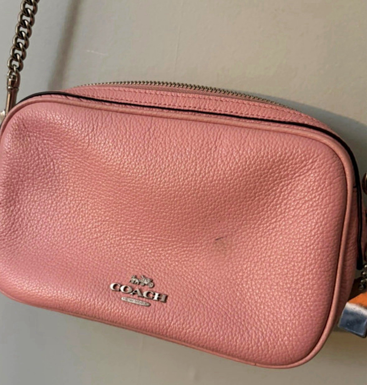 Coach Pink Pebbled Crossbody Bag w/ Chain Strap, Zip Closure & Bag Charm