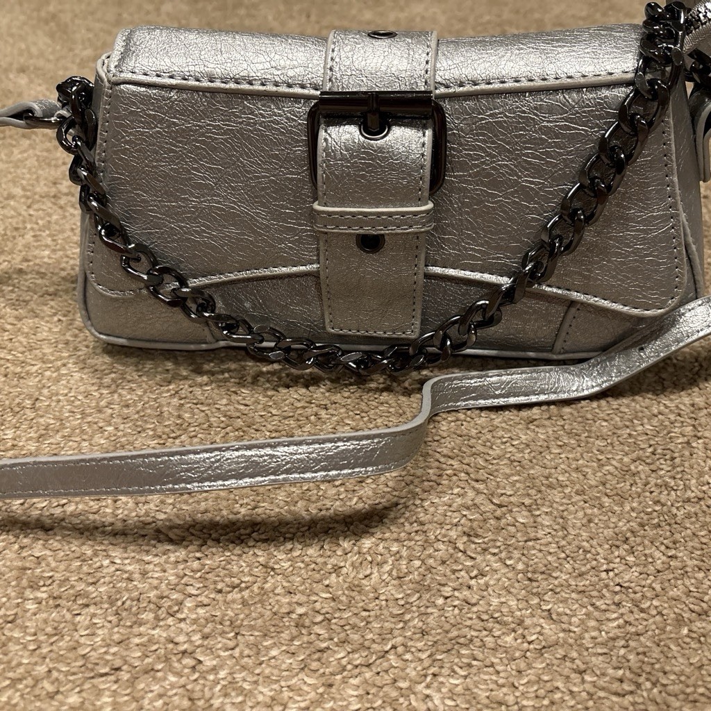 Silver Metallic Solid Crossbody Bag Small Chain Strap Buckle/Zip Gunmetal