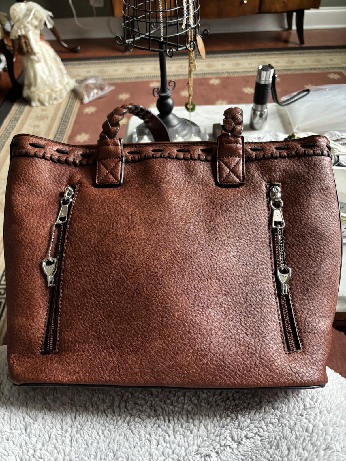 Lady Conceal Brown Braided Handle Tote Bag with Zip Closure & Inner Pockets