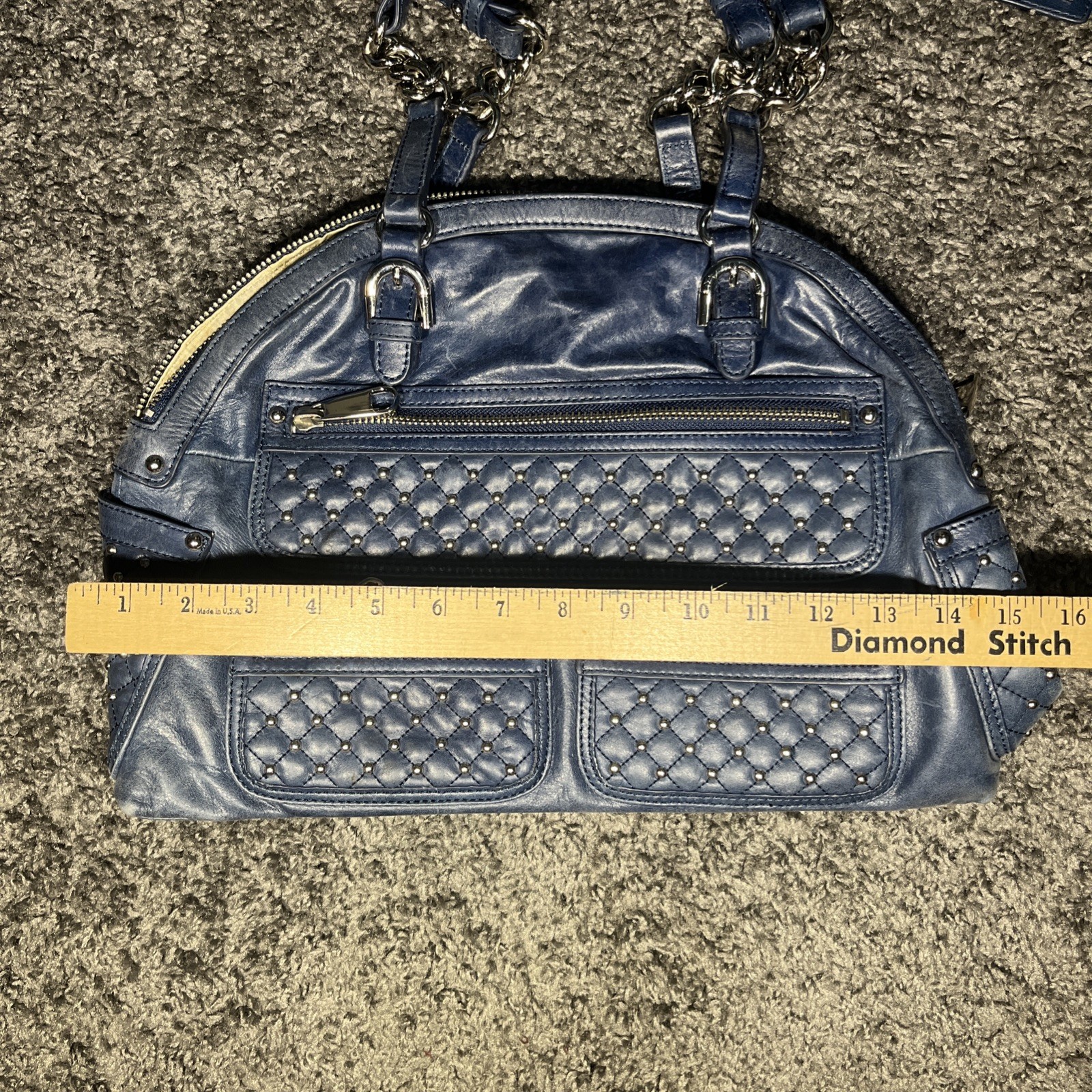 Dark Blue leather studded silver BADGLEY MISCHKA American Glamour shoulder bag