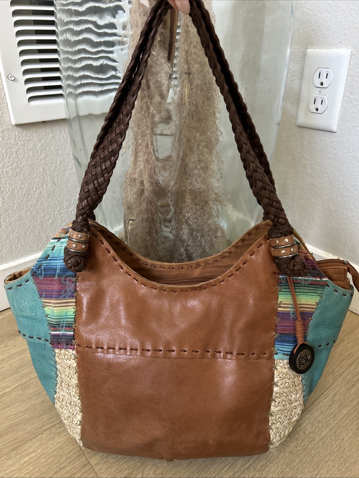 The Sak Indio Bag Patchwork Satchel Bag Woven Handles Charm Leather Straw Fabric