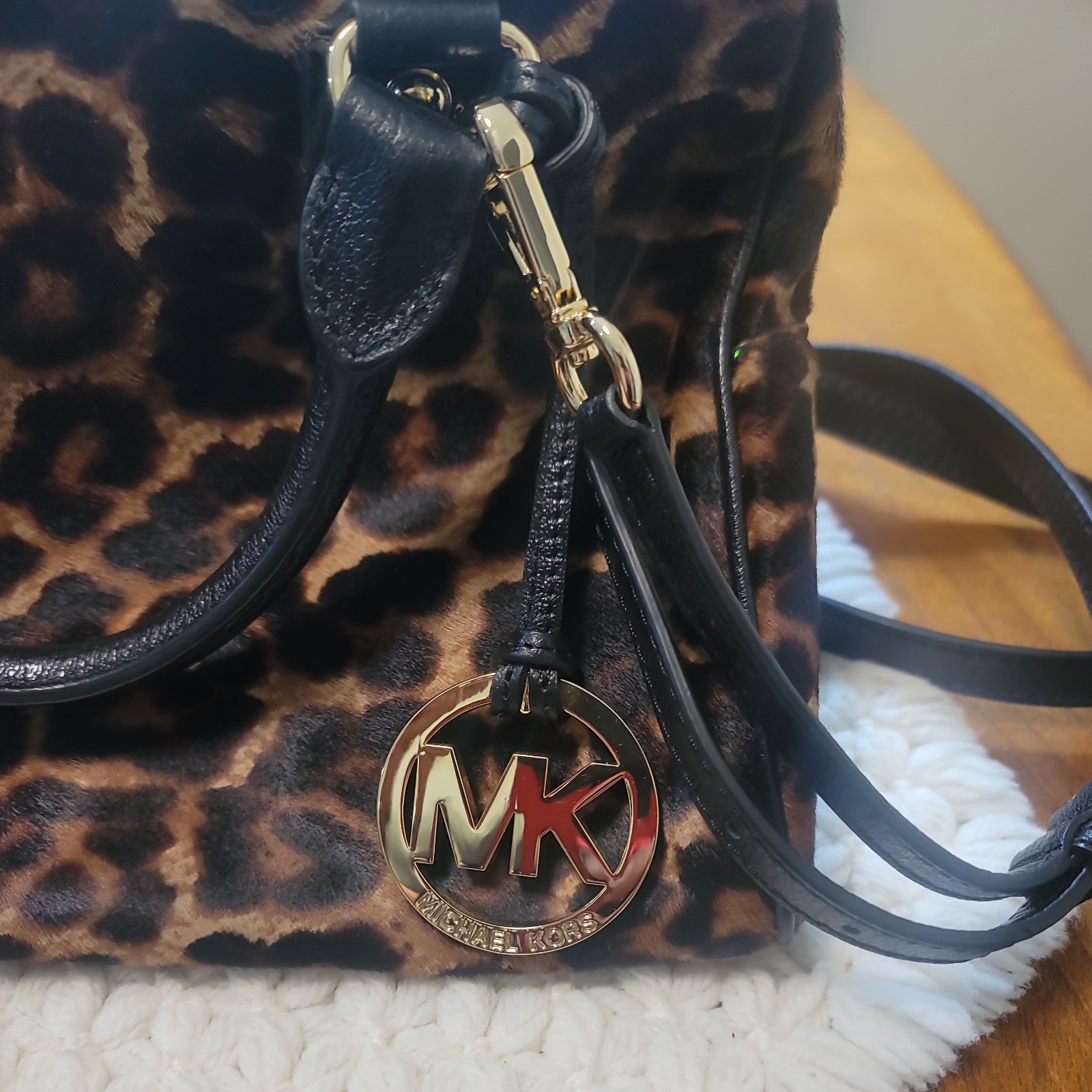 Michael Kors Leopard Calf Hair Brown Leather Trim Double Satchel Cross Body