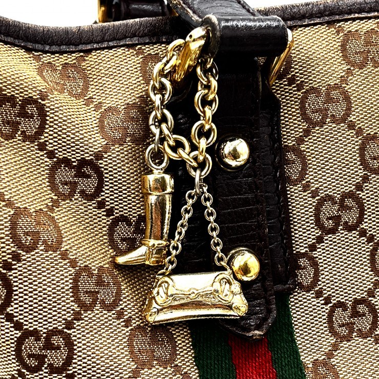Gucci GG Canvas Web Stripe Tote Bag Beige Brown Charm