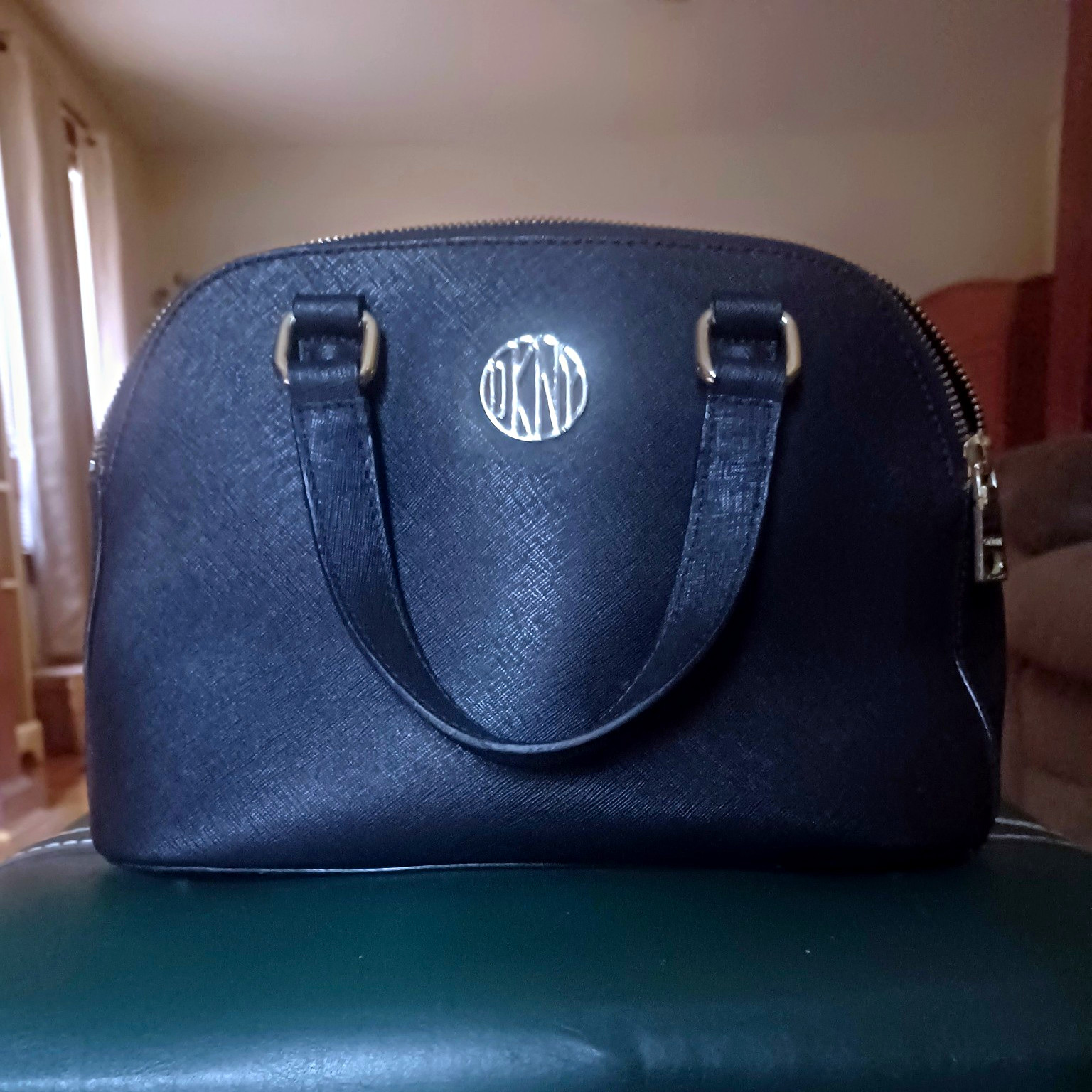 DKNY Black Dome Satchel Top Handle Bag, Zip Closure, Logo Accents, Silver HW