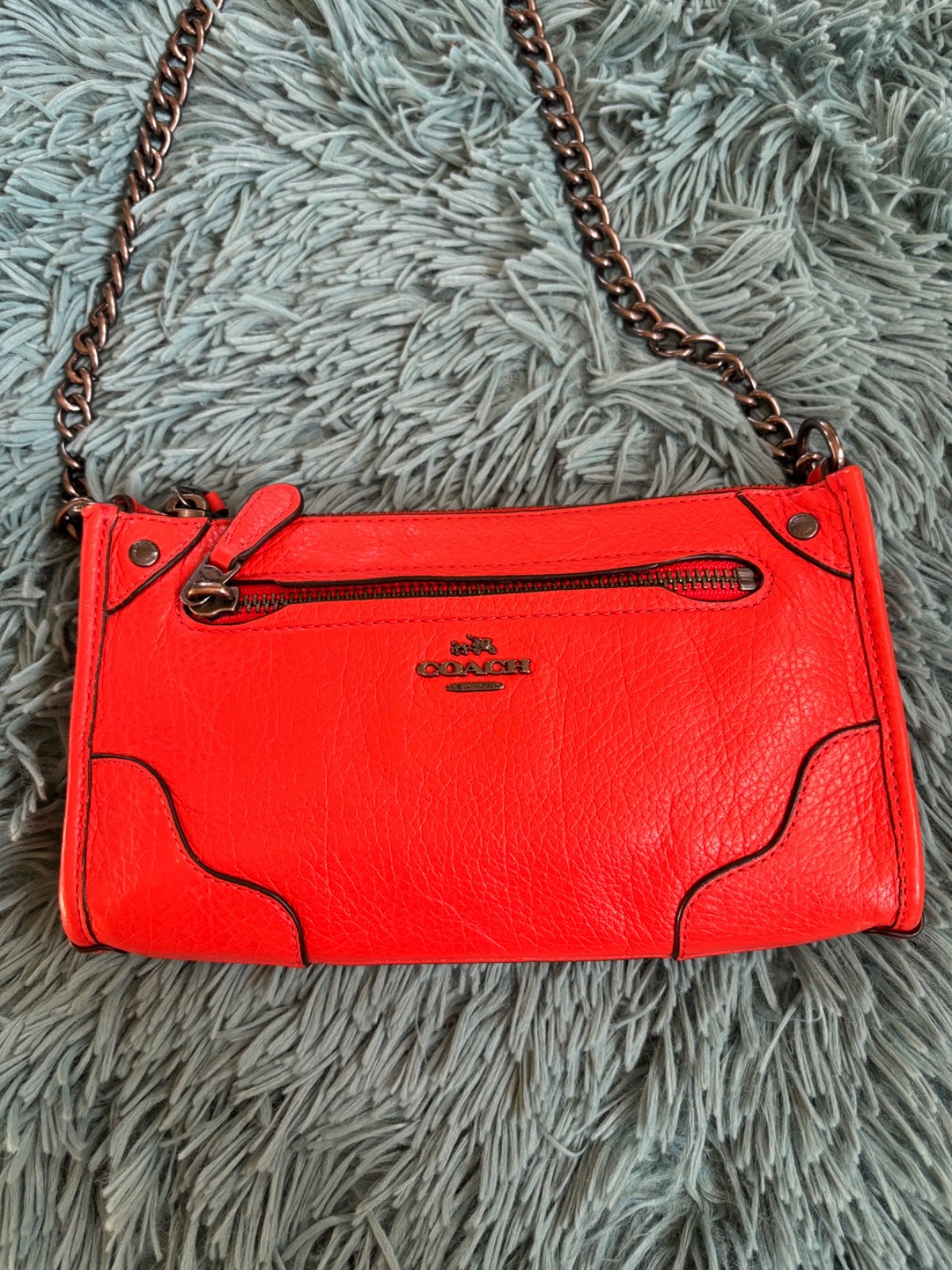 Coach F52646 Mickie Crossbody Coral Orange Pebbled Leather Chain Strap Small