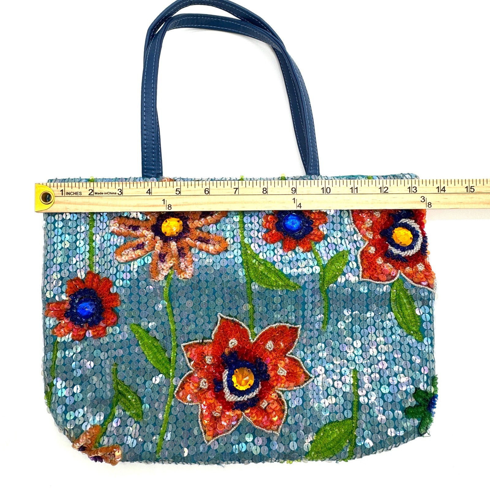 Christiana Beaded Sequin Flower Tote Bag Blue Orange Sparkle Colorful Purse