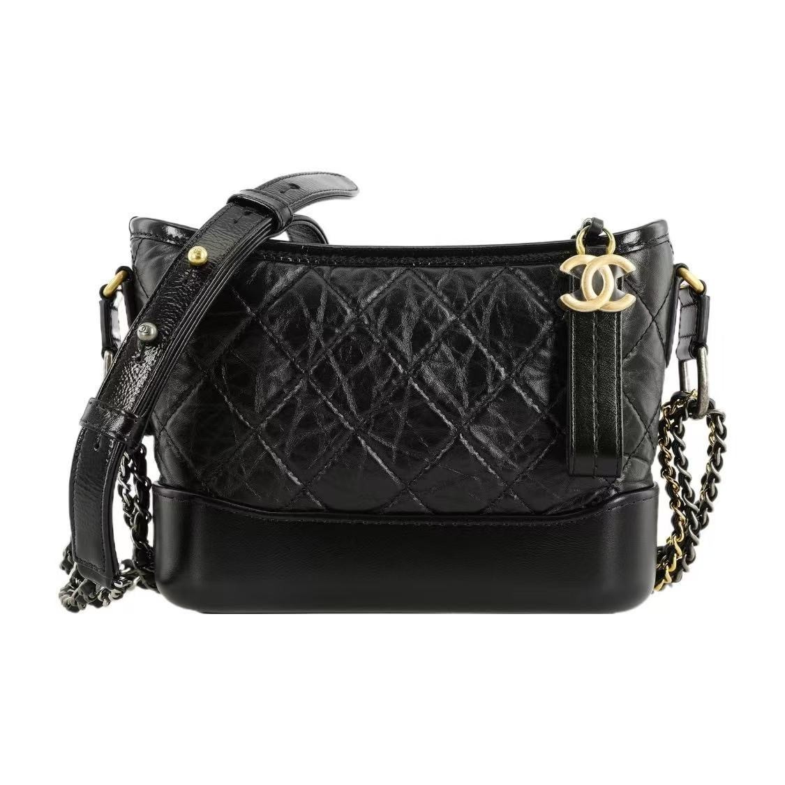 Gabrielle PM Black Quilted Calfskin Crossbody Shoulder Bag Gold Tone Hardware