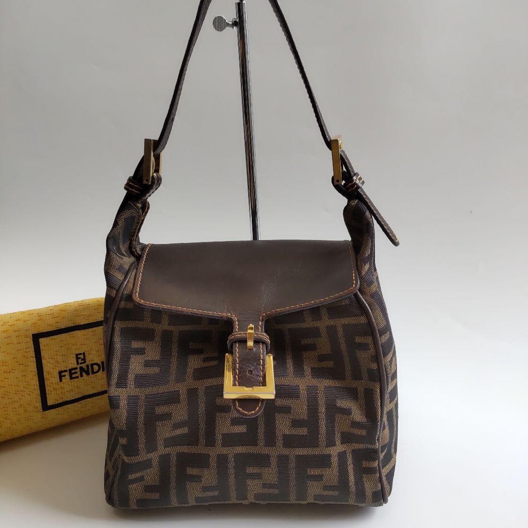 FENDI Zucca Pattern Canvas Leather Shoulder Bag Brown
