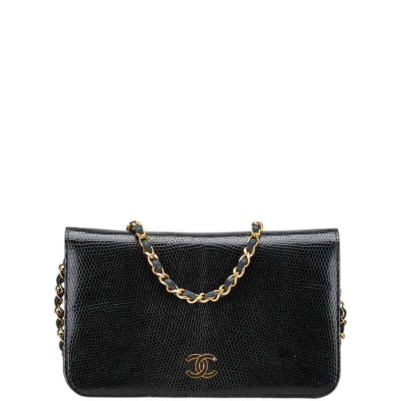 CHANEL Coco Mark Chain Shoulder Bag Black Lizard Leather Ladies 23.5cm x 14cm x