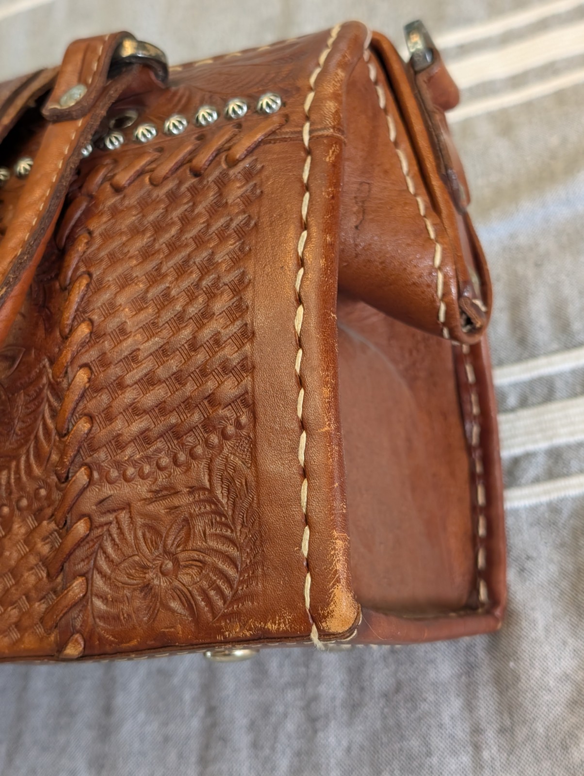 American West Brown Tooled Leather Satchel Doctor Style Silver Studs