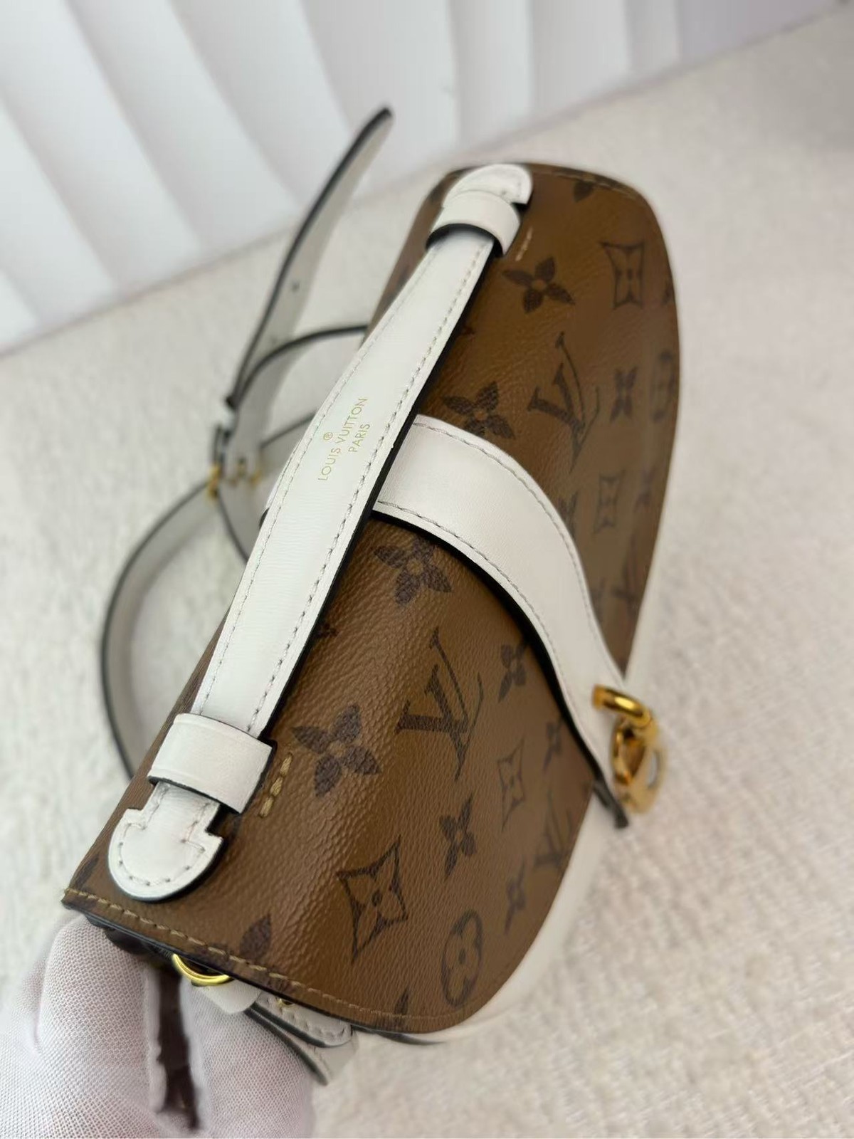 Louis Vuitton Lock It PM Monogram White Calfskin Saddle Crossbody Bag Gold LV