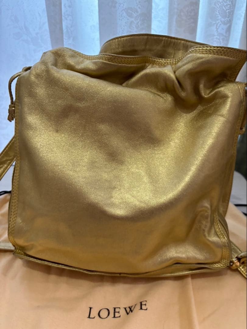 Loewe Flamenco Shoulder Bag Gold Leather Crossbody Handbag 10.6×11.4×3.1 in Top