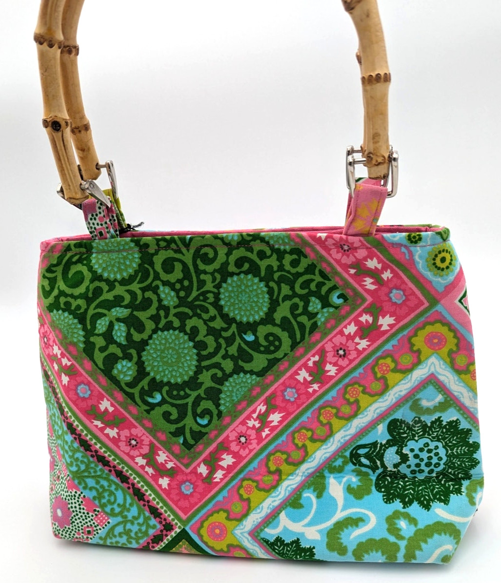 B’s Designer Purse -Colorful Patchwork Fabric Bag w/ Bamboo Handles NWT-USA Made
