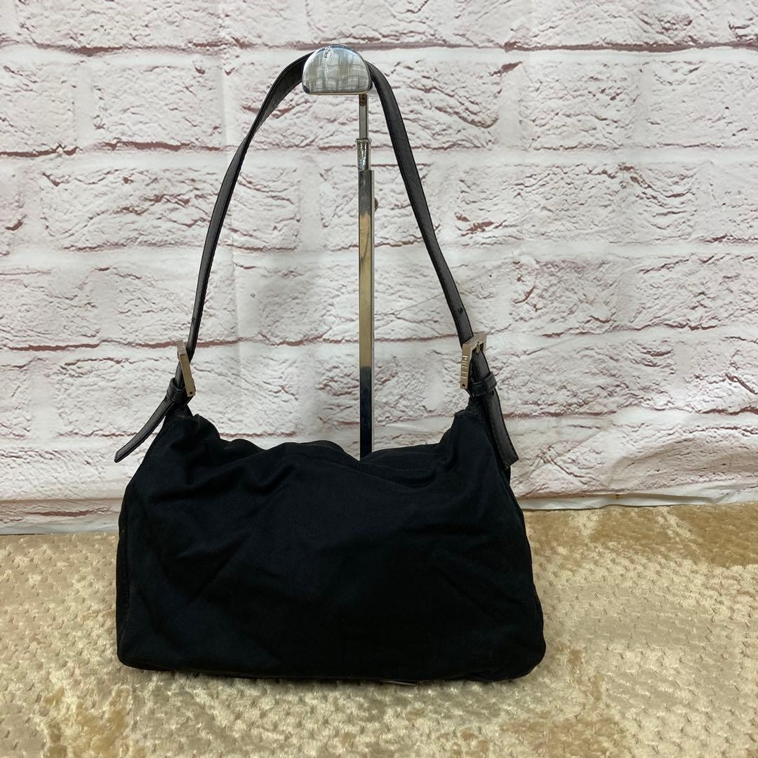 FENDI Mamma Bucket Shoulder Bag Flaplock Leather Jersey Black Silver Hardware