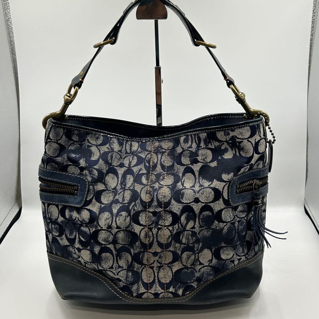 COACH Y2K Denim Tie Dye Signature Hobo Shoulder Bag 2183 Vintage Tassel Zip Navy
