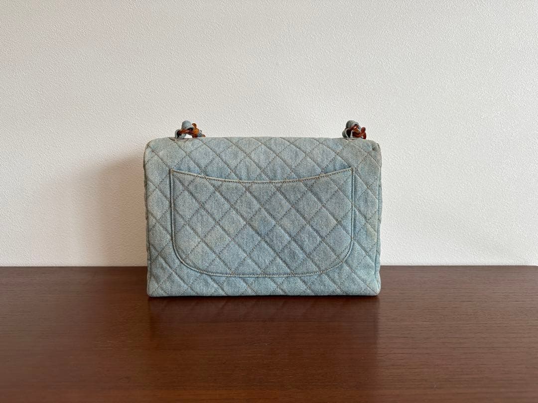 CHANEL 1998 Denim Jumbo Matelasse Flap Bag Tortoise Chain Blue Bag 11.8 in VTG