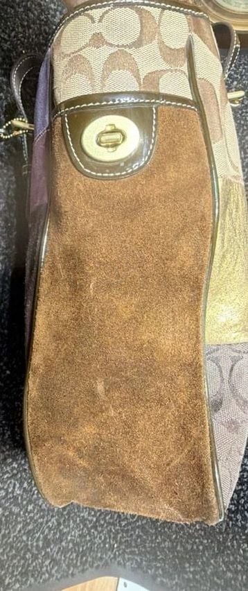 Vintage Coach Holiday Patchwork Tote Bag in Brown and Purple Suede and Signature