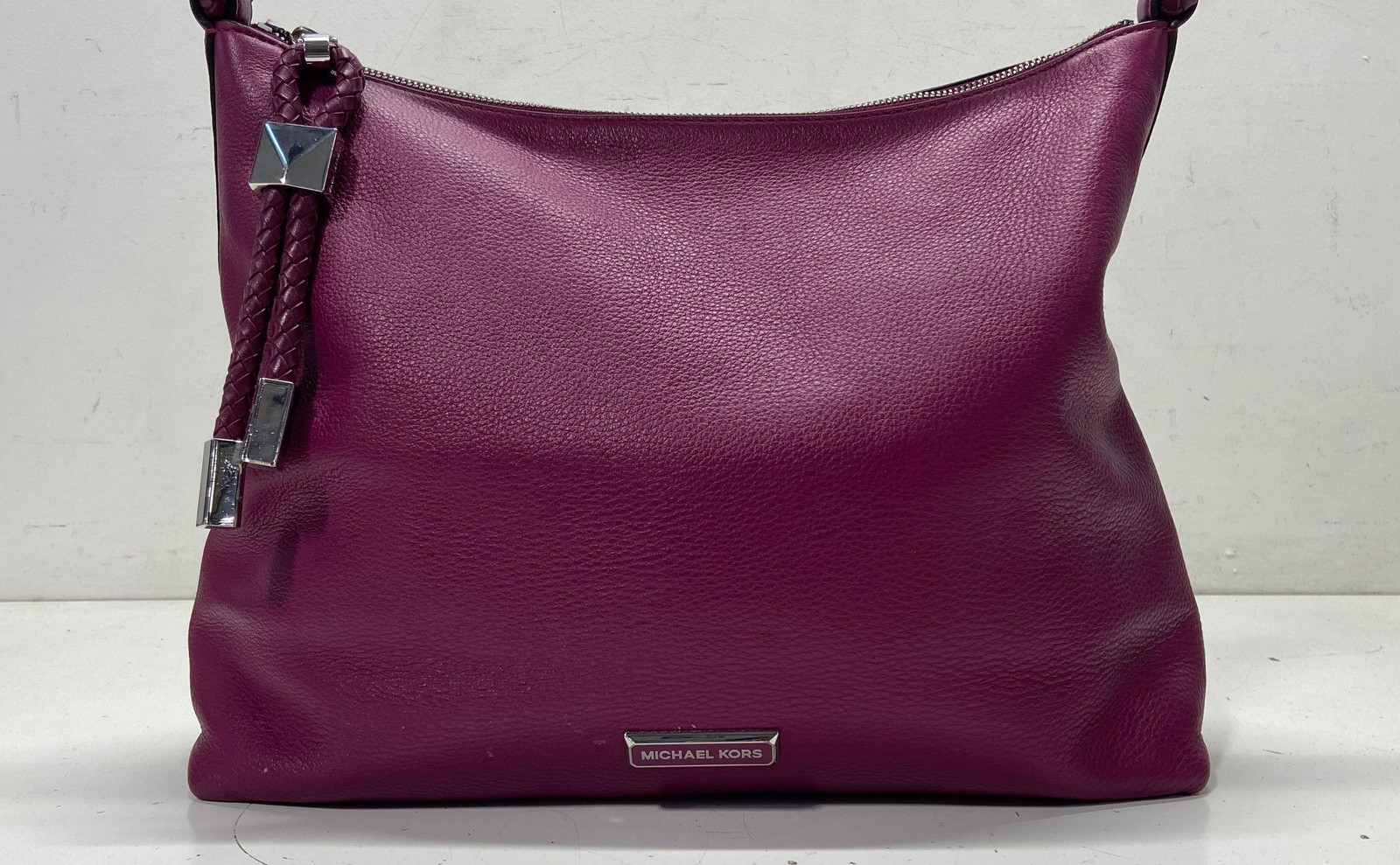 Michael Kors Plum Pebbled Leather Braided Strap Hobo Shoulder Bag Silver