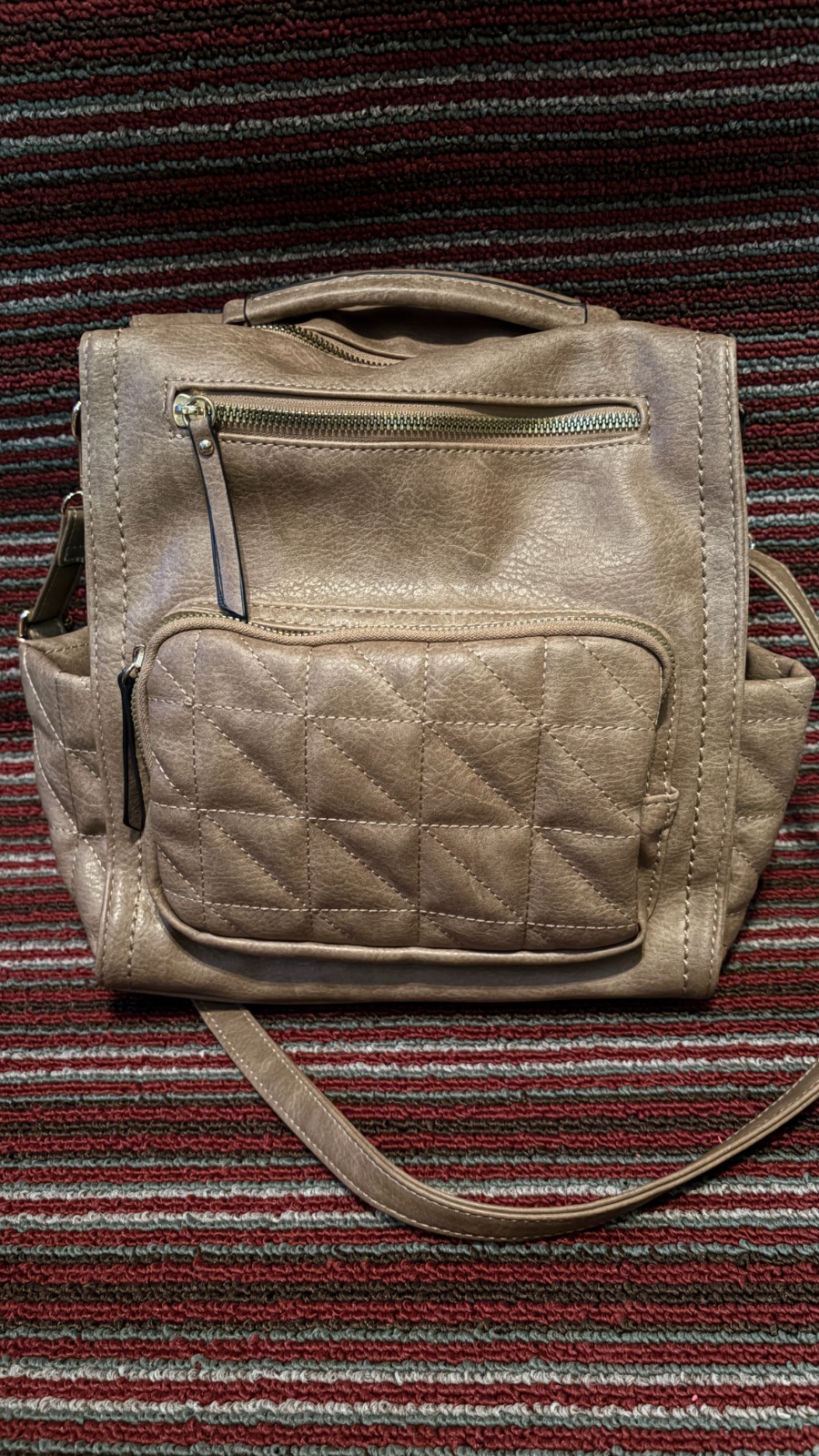 Tan Faux Leather Convertible Backpack Purse Quilted Detailing on Front Pocket