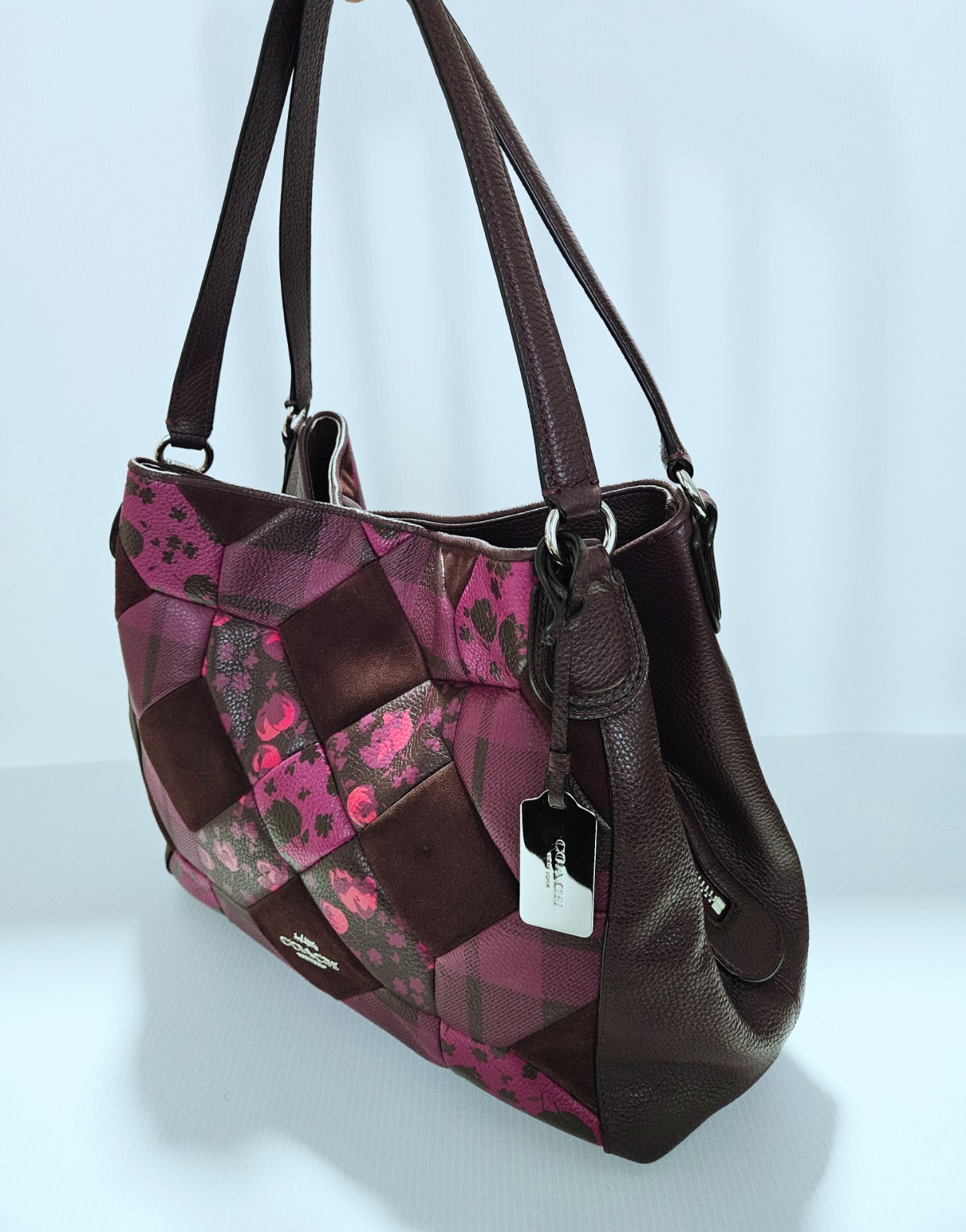 Coach Oxblood Patchwork Floral Print Edie Turn Lock Leather/Suede Shoulder Bag