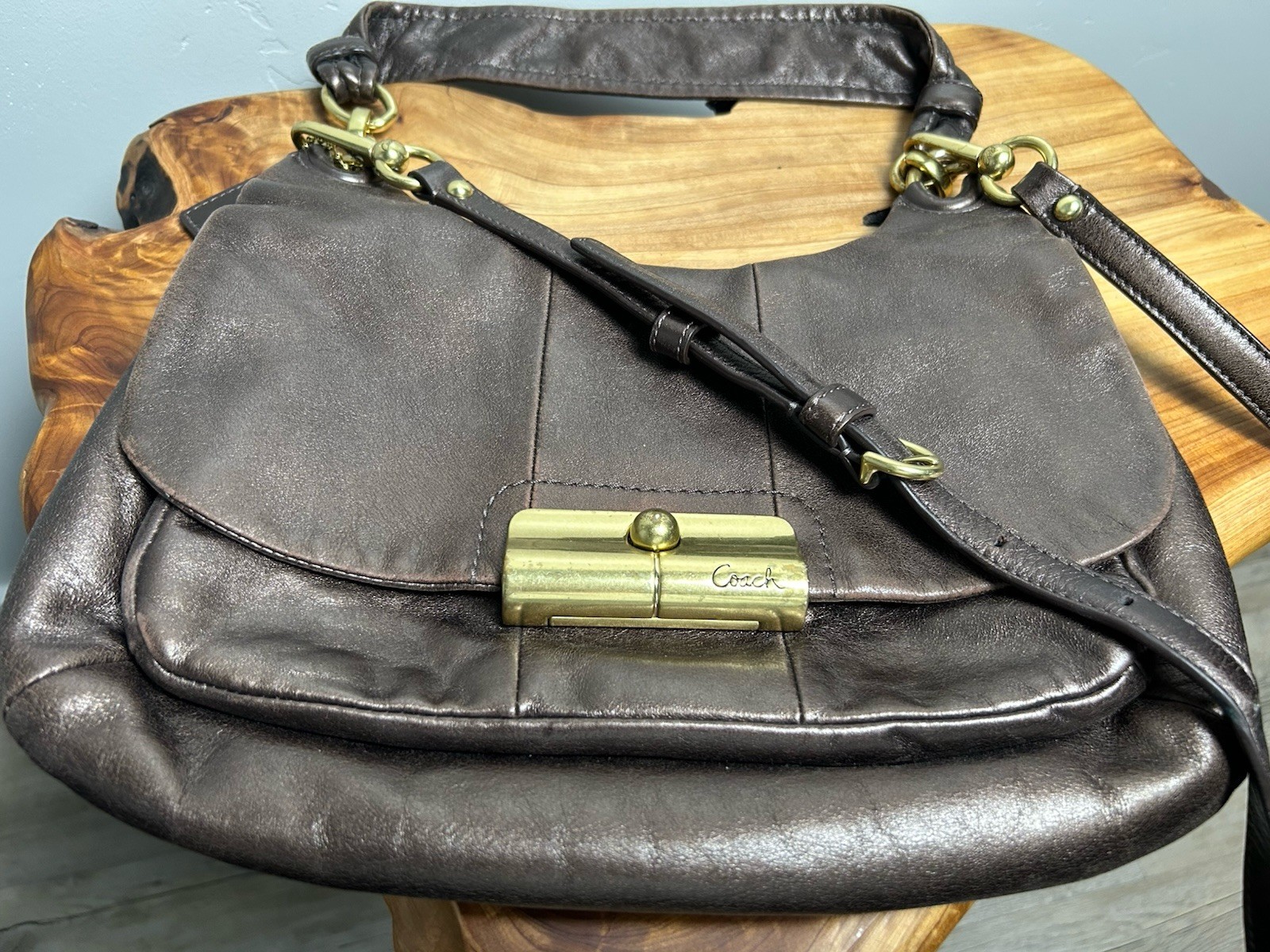Coach Kristin Brown Leather Hobo Shoulder Bag Push Lock Clasp Brass Hardware