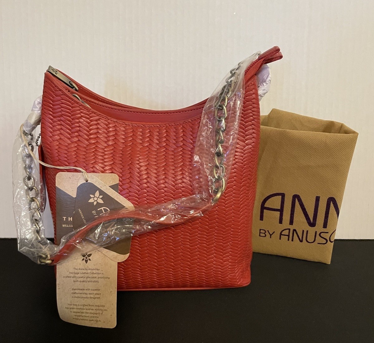 ANUSCHKA Red Woven Genuine Leather Top Zip Bucket Shoulder Bag Crossbody Purse